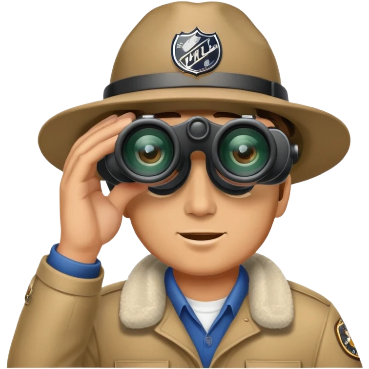 Man with binoculars wearing hat that says nhl scout  emoji