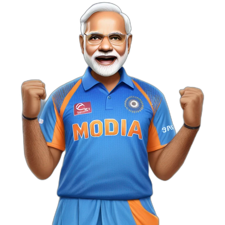 hyper realistic narendra modi celebrating in blue indian cricket team jersey emoji