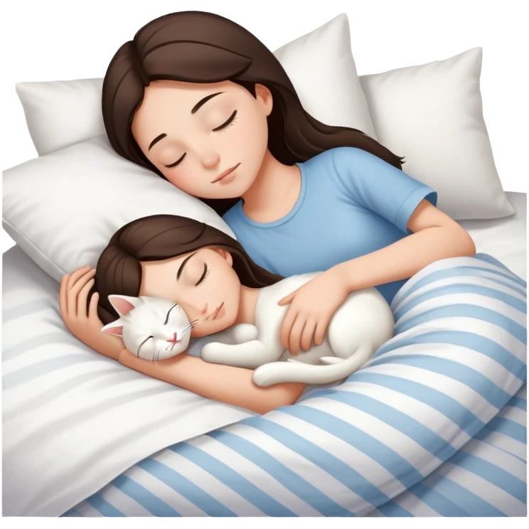 side view brunette teenage girl sleeping with white cat that has beige stripes on a white pillow with white sheets emoji