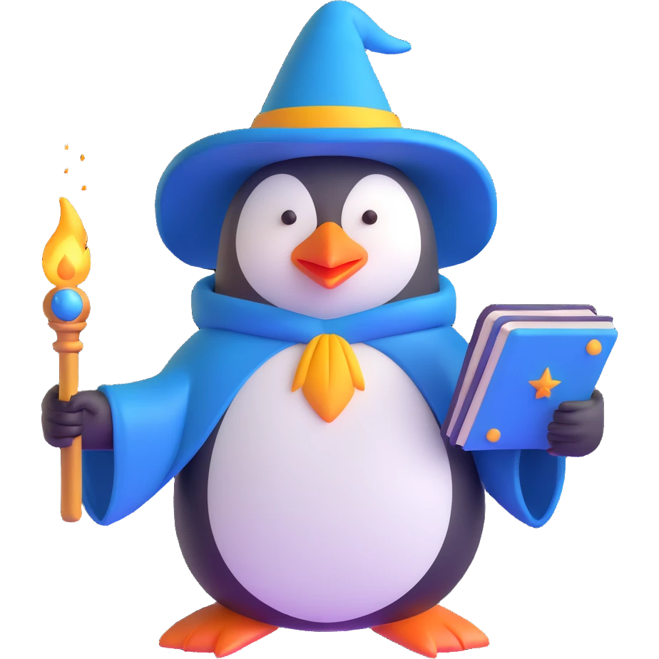 penguin wizard with spell book and magic staff emoji