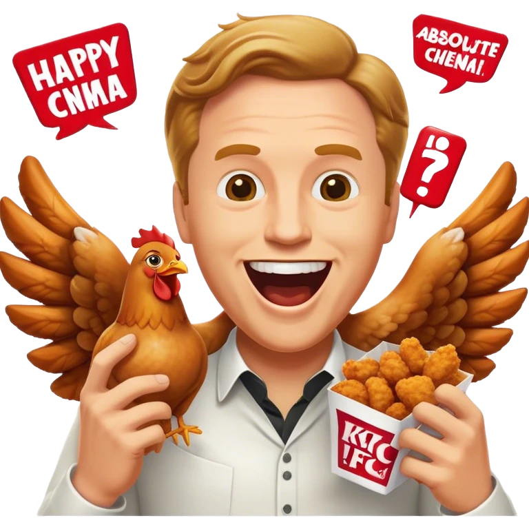 "Create an emoji of a white man holding KFC chicken wings with a happy and excited expression. Add the phrase 'Absolute Cinema' in bold text, making sure it is clearly visible and well-integrated into the design. Use a vibrant and expressive style." emoji