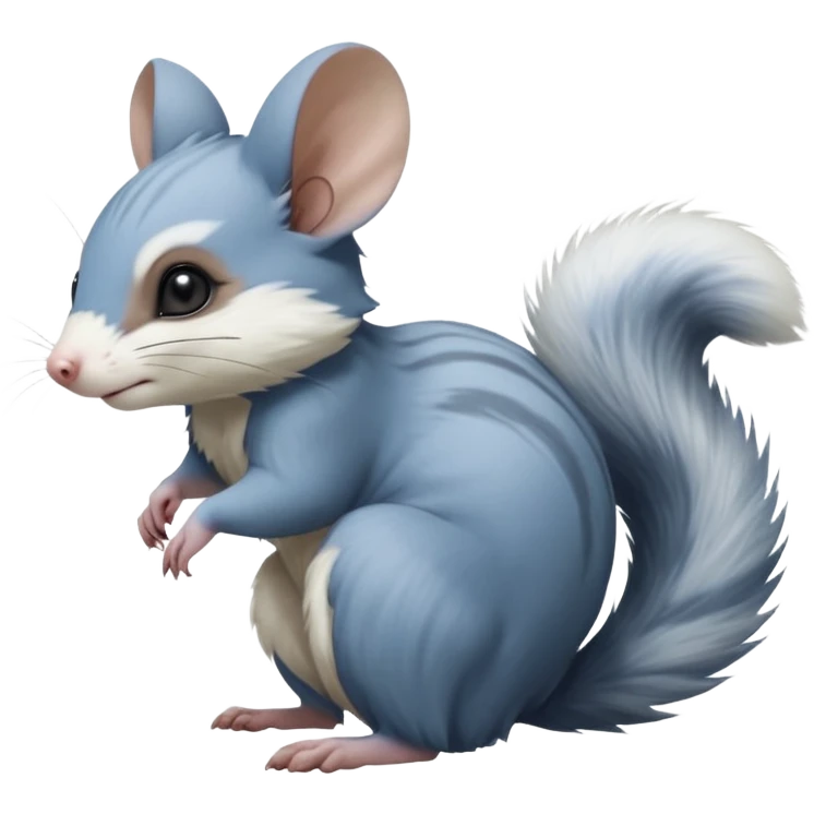 Blue-pointed, grey, soft natural realistic romantic vintage antique divine beautiful elegant pretty precious cute young youthful  Fakémon-Pokémon-alien-opossum-squirrel-feline-chinchilla-Minccino-Cinccino-Meowstic-rodent-hybrid-creature with a big fluffy bushy tail (full body) emoji
