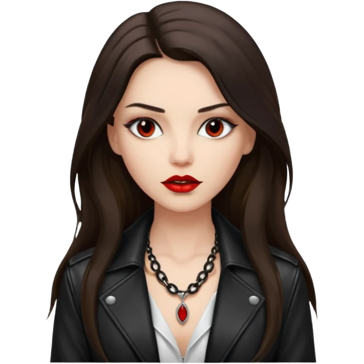 brunette with very long hair in black cuir jacket with red lips and very dark brown eyes and white shirt and mysterious necklace emoji