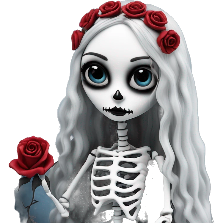 full height skeleton, tim burton "corpse bride", thin porcelain doll with a cracked face, goth makeup watery eyes, long hair, lace and ruffles, lolita style, inked, black and white, red roses, gothic castle with roses emoji