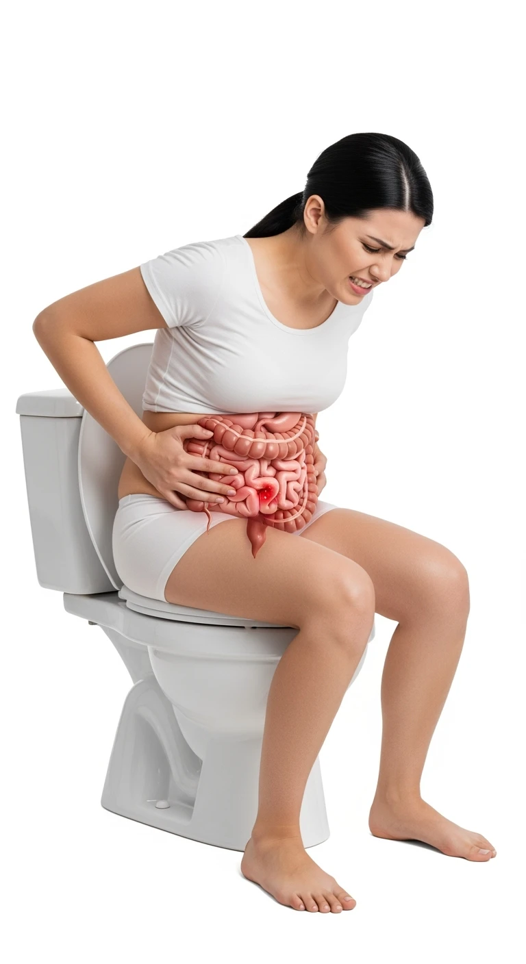 DONNA CON PANCIA DOLORANTE E INTESTINO UMANO ANATOMICO VISIBILE seduta sul wc che si sforza, ISOLATO SU SFONDO BIANCO emoji
