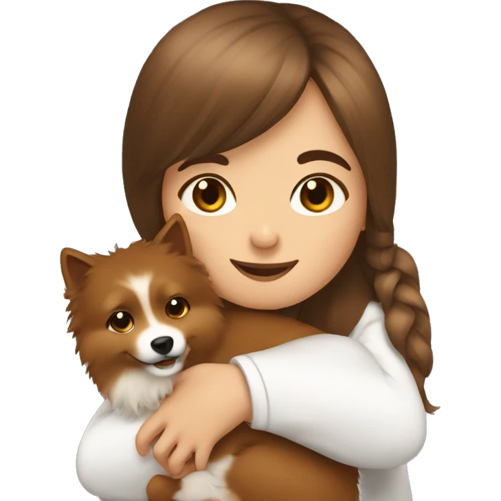 Girl with brown hairs hugs little spitz emoji
