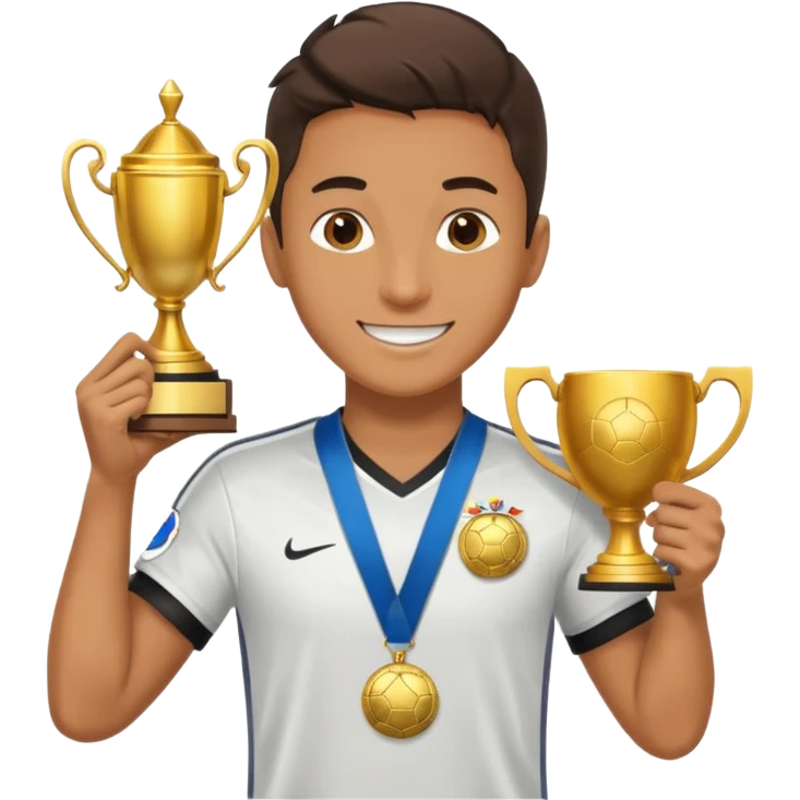 happy soccer player with a first-place medal and a trophy emoji