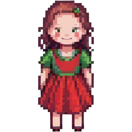 pixelated child in a red dress, happy face emoji