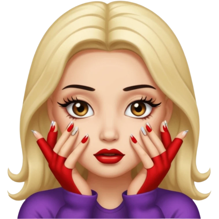 Baddie with hands pressed to cheeks, long nails, long lashes and l emoji