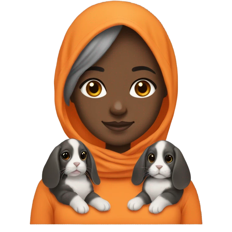 Black Muslim girl holding her 3 cute orange, gray, and mix colored holland lop emoji