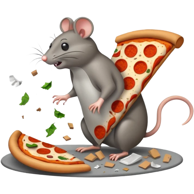 emoji-style icon of a pizza restaurant with a pizza slice sign, a massive rat in front of the building, trash and garbage everywhere, flies buzzing, unsanitary, clear at small size, no text emoji