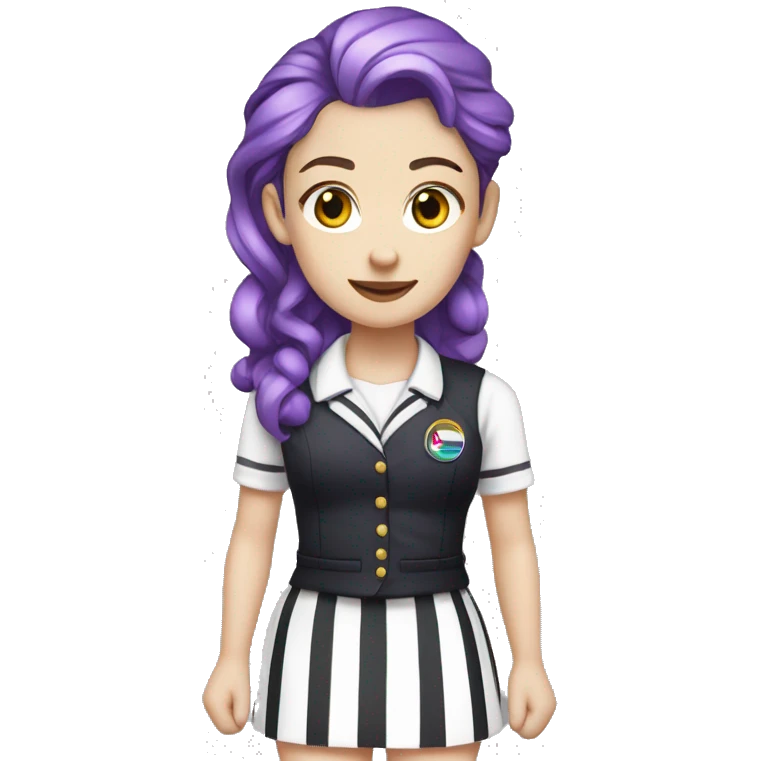 Emma Myers with rainbow hair pale skin wearing purple with black stripes uniform vest and skirt emoji