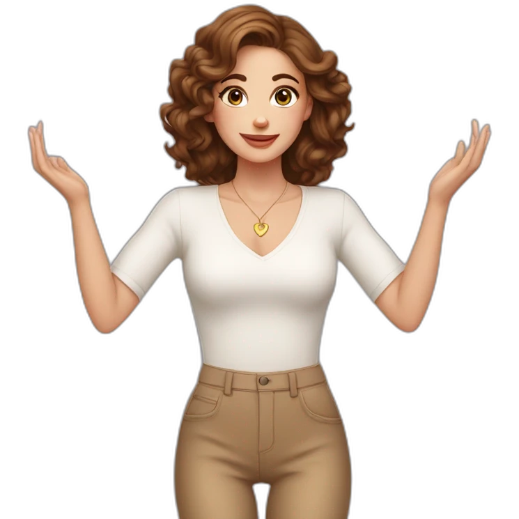 white beautiful woman, brown wavy hair, making heart by two hands, long earrings emoji