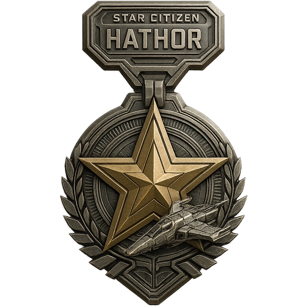 sci-fi medal for Star Citizen Hathor activity, features a star and spaceship, metallic look, futuristic, intricate details, for digital achievement emoji