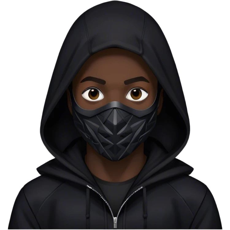 man with black hooded jacket and a full-black full-face geometric mask emoji