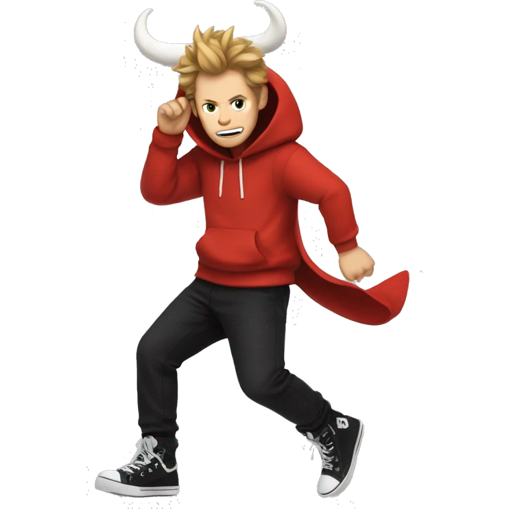 Tord has red hoodie and black pants and black and white shoes and horns in his hair  emoji