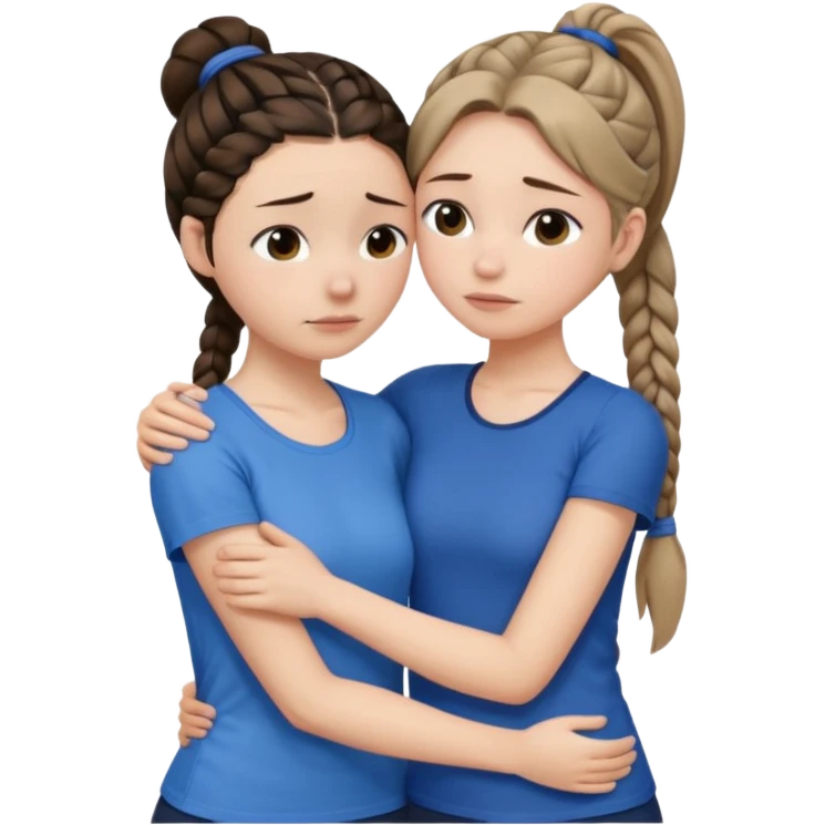 Comforting Hug two white skin women, one shorter woman with medium brown simple top ponytail, not braided, and one taller skinny sad face woman with a single long black side braid emoji