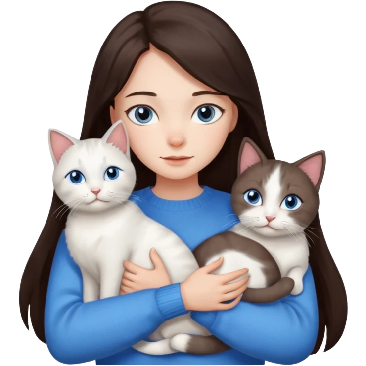 a girl with long dark 
brown hair, with blue eyes, in a
white sweater, hugs 3 different natural coloured cats emoji