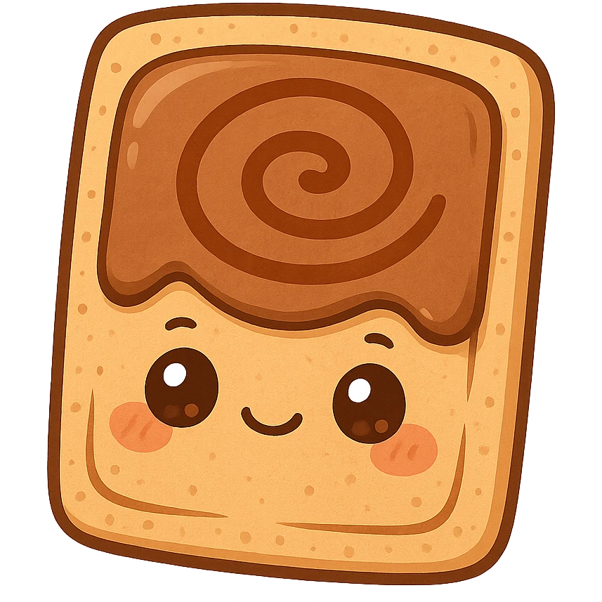 chibi cinnamon poptart with warm brown frosting and cinnamon swirl pattern, cute face with expressive eyes emoji