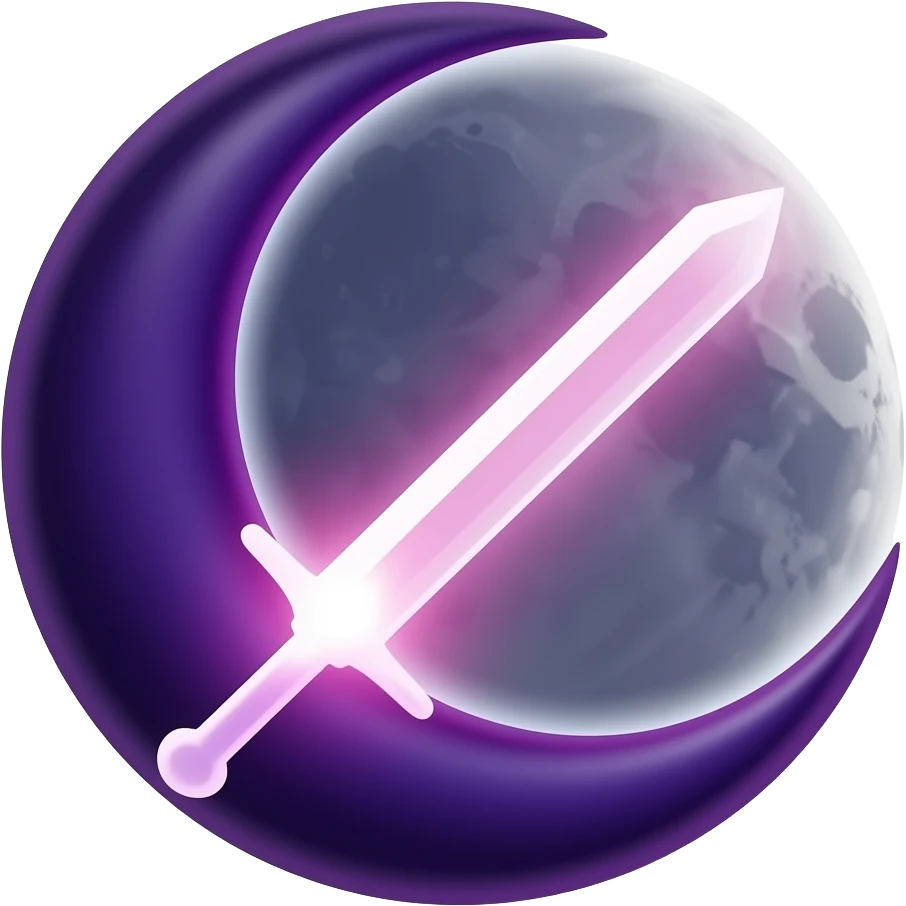 Glowing dark purple detailed crescent moon with an elegant detailed glowing transparent sword, emoji style. Soft violet and pink glow, minimal clean design, smooth edges, subtle lighting, centered, high contrast, transparent background. emoji