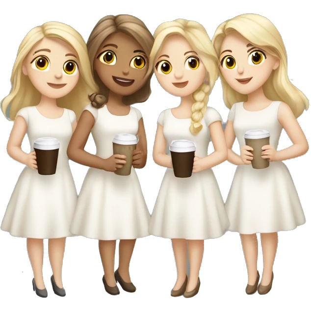 Four beautiful white european girls, one with blond hair and three with dark blond hair in dresses have coffee emoji