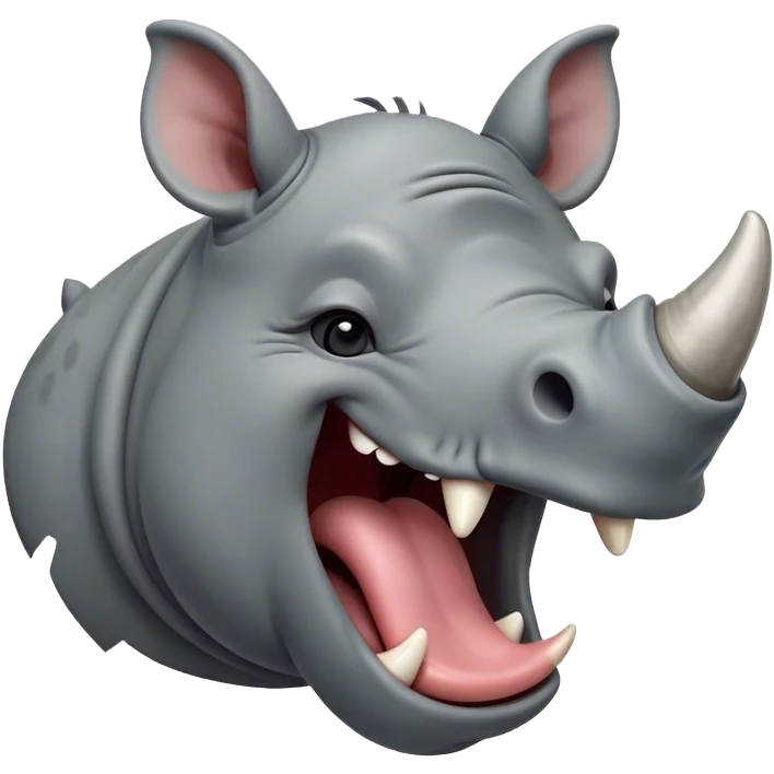 Cinematic Cute Yawning Rhinoceros Portrait Emoji, Head tilted slightly with a dramatic, wide-open yawn, showcasing a soft, textured slate-gray hide with a slightly drooping horn and eyes barely open in drowsy contentment, Simplified yet irresistibly adorable features, highly detailed, glowing with a soft, cozy glow, high shine, relaxed yet expressive, stylized with a touch of rugged whimsy, bright and endearing, soft glowing outline, capturing the essence of a sleepy yet affectionate rhinoceros, so drowsy it feels like it could stretch out of the screen and curl up for a nap! emoji