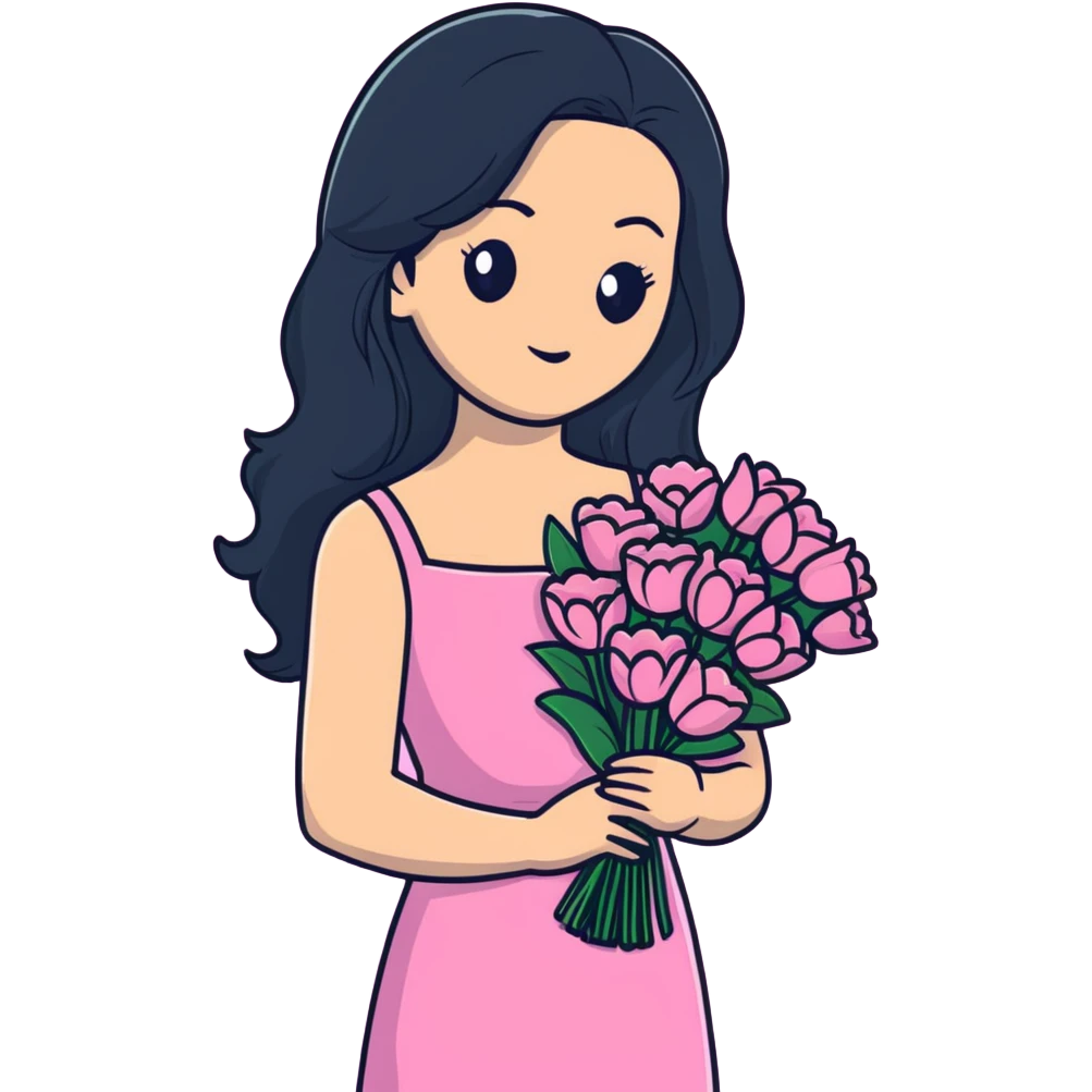 beautiful young woman with long black hair, fair skin, wearing pink dress and holding a bouquet of flowers emoji