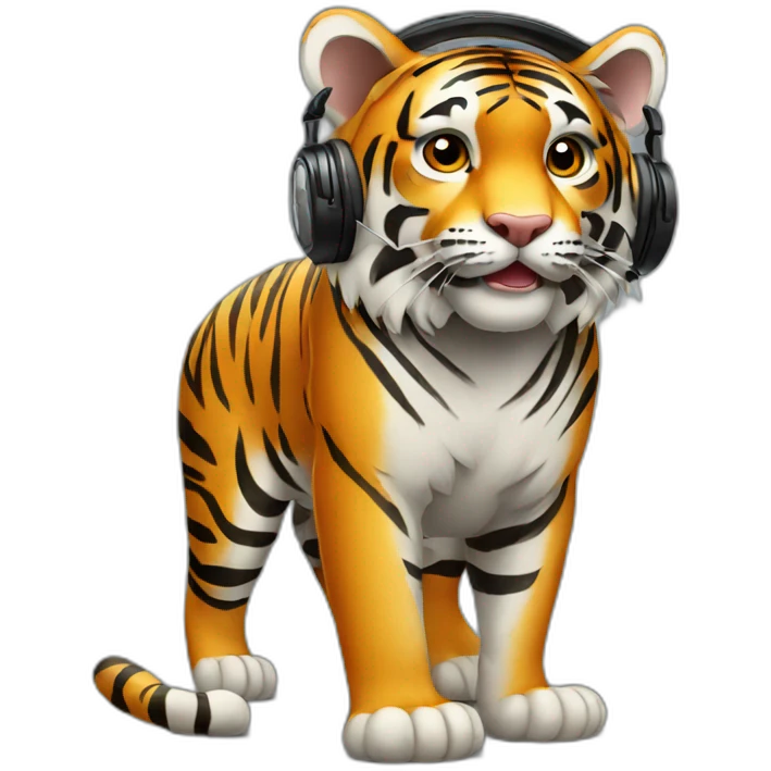 tiger standing on 2 feet wearing headphones emoji
