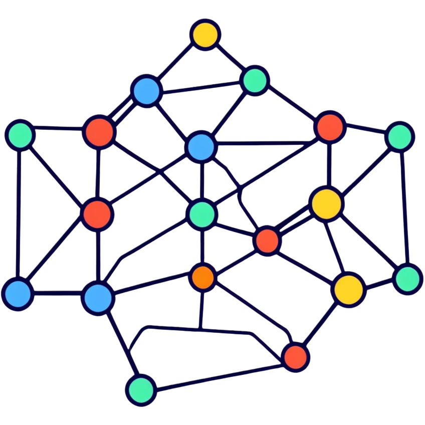neural network diagram with connected nodes and edges, bright colors, simple design for telegram emoji