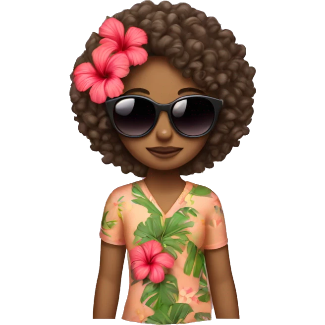 Girl with curly hair wit hibiscus flower and sunglasses emoji