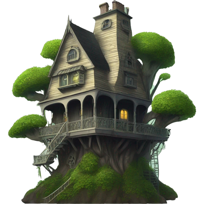 Fantastic fantasy haunted Addams family treehouse hotel overgrown in the woods  emoji