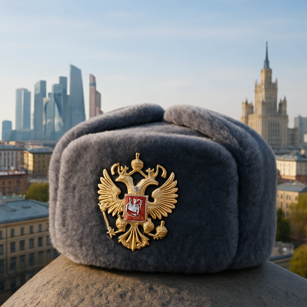 Russian ushanka hat with the emblem of Russia in a city background emoji