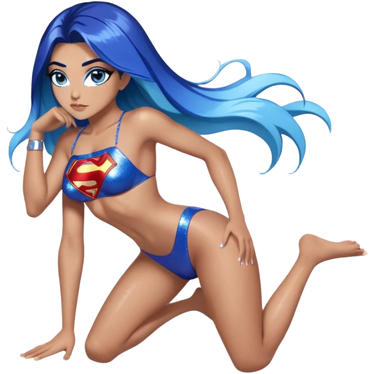 long legs-very very very large upper body-sexy face-bending forward-very long very straight dark blue to light blue hair ombre-and-blue eyes-black eyeliner-thick long eyelashes-iridescent tiny bikini with glitter superman logo emoji