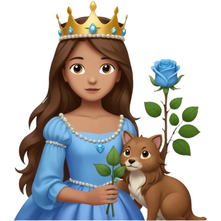 a 12 year old girl with shinny long brown hair and pretty green eyes that have long dark eye lashes wearing a sky blue gown in a beautiful forest with adorable animals and stunning roses and lilacs surrounding her as she smells the only sky blue rose she is also wearing a crown that has pearls emoji