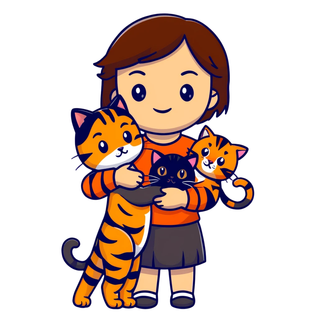 tan brown-haired girl holding two cats, one black cat and one orange tiger-striped cat emoji