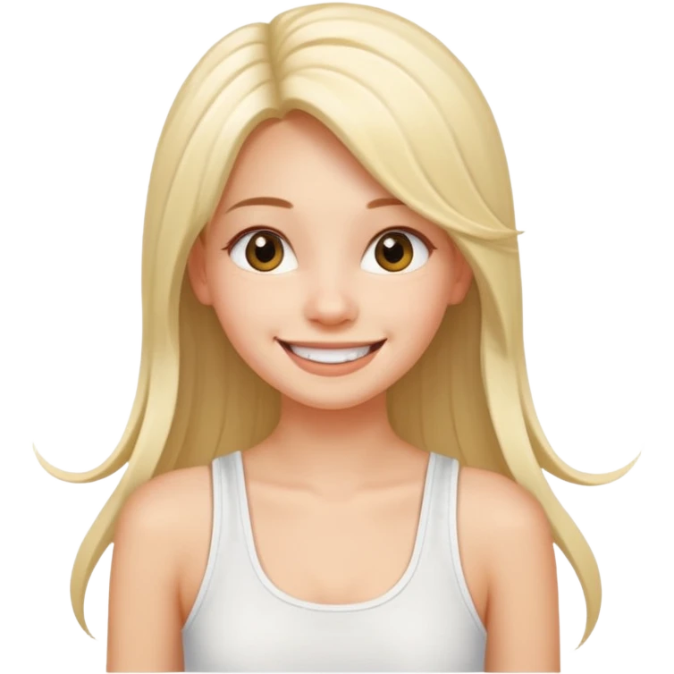 a pretty bratz fair girl with straight long hair, wearing a white noodle strap tank top, smiling emoji
