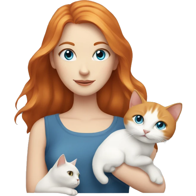 White girl with ginger hair and blue eyes holding a white cat and a gray cat emoji