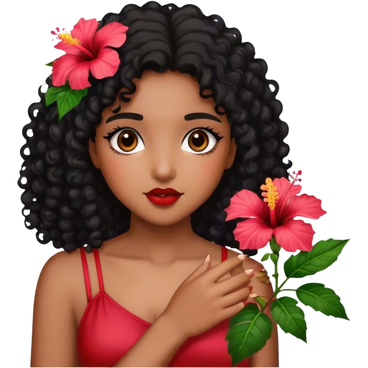 Girl with brown skin with black curly hair holding hibiscus flowers emoji