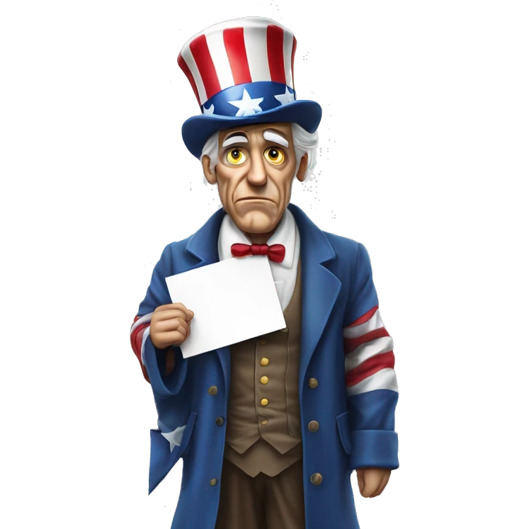 Uncle Sam with pitiful eyes holds a sign at full height waist photorealistic serious emoji