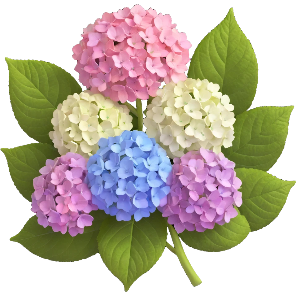 Highly detailed realistic hydrangea flower showing natural texture of many small flowers in a cluster, subtle color variations, and authentic leaf structure emoji