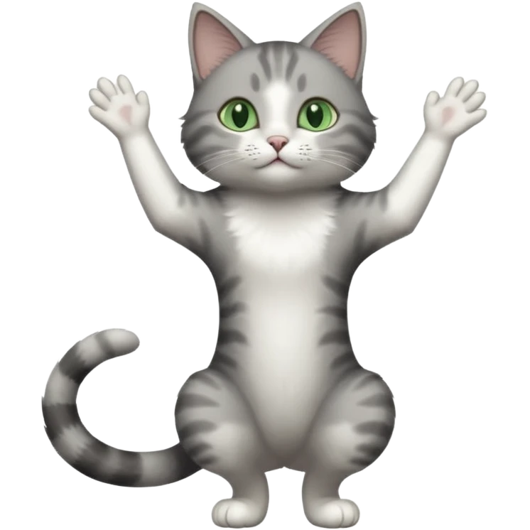 grey and white cat with green eyes doing a big extremely long stretch reaching up into the air with arms and legs side by side together emoji
