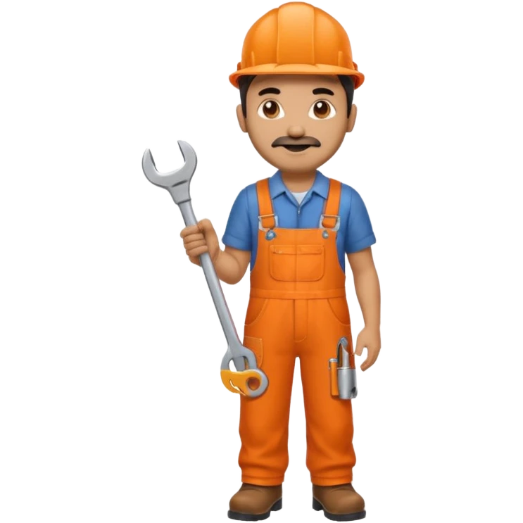 Indian male railway engineer orange overalls, boots holding a spanner emoji