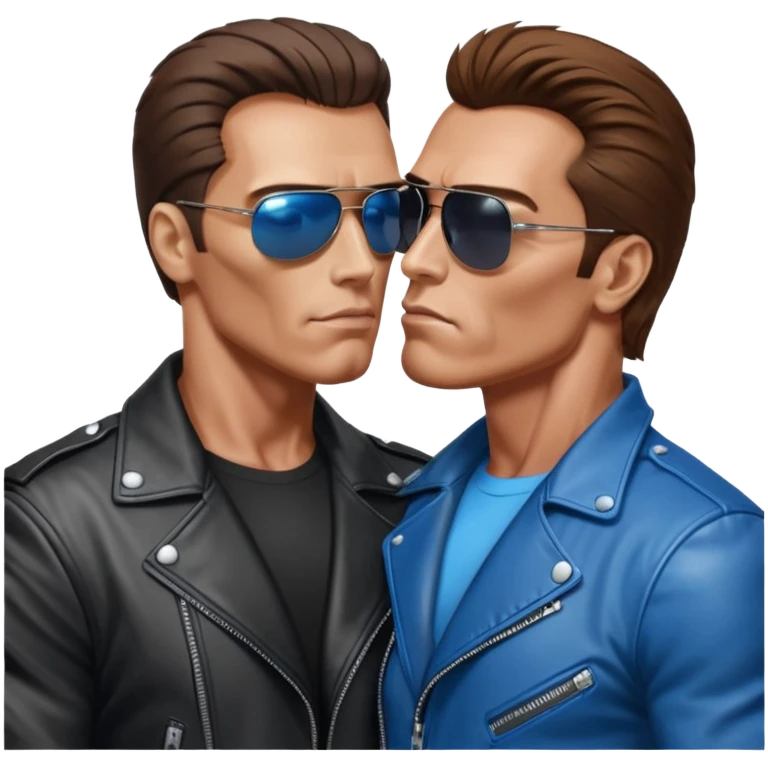 парень похожий на хилого Шварценегера-терминатора в косухе и очках-терминаторах целуется с высоким мужчиной шатеном с голубыми глазами кривым носом и косыми глазами. emoji