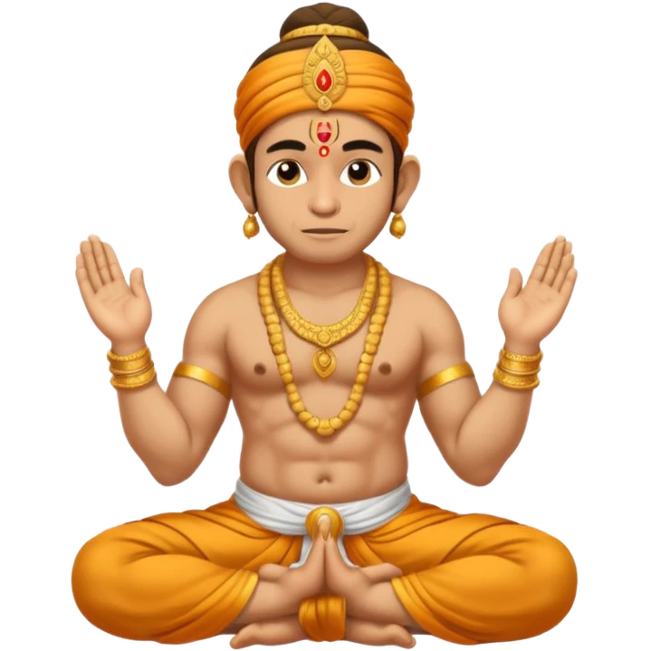Hanuman ji seated and praying with close eyes with golden mukut and only in dhoti no upper wearings and tail behind emoji
