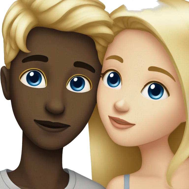 Blonde blue eyed girl giving dark skinned brown haured boy a kiss  emoji