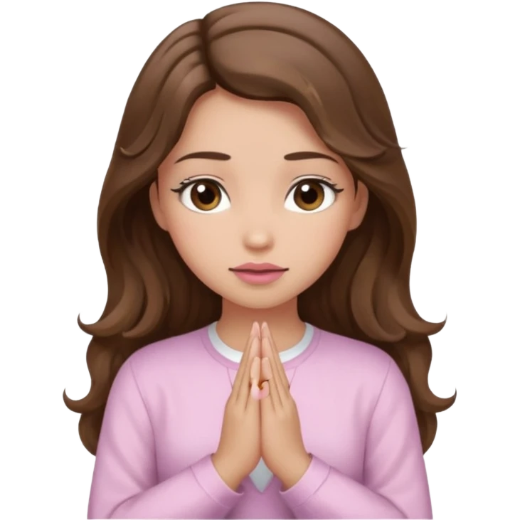 girl with wavy long brown hair, brown eyes, light to medium complexion, long lashes, light pink lipstick, praying, wearing light pink shirt emoji