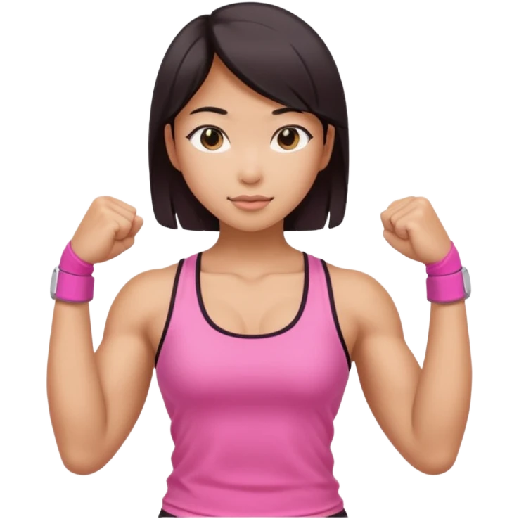 Athletic Asian girl show biceps wearing pink emoji