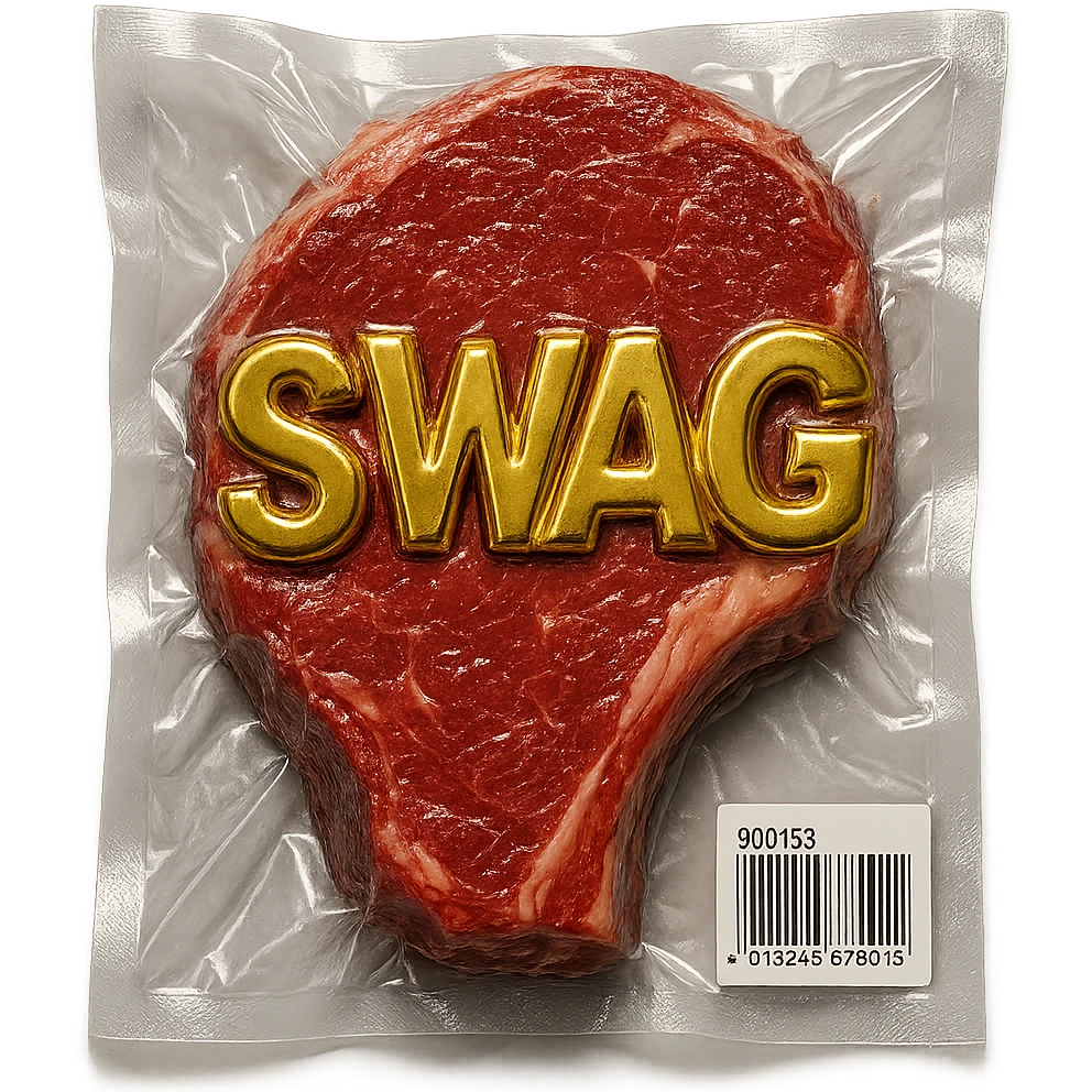 juicy steak with shiny gold 'SWAG' text across the surface, shiny and inflated vacuum-sealed style emoji