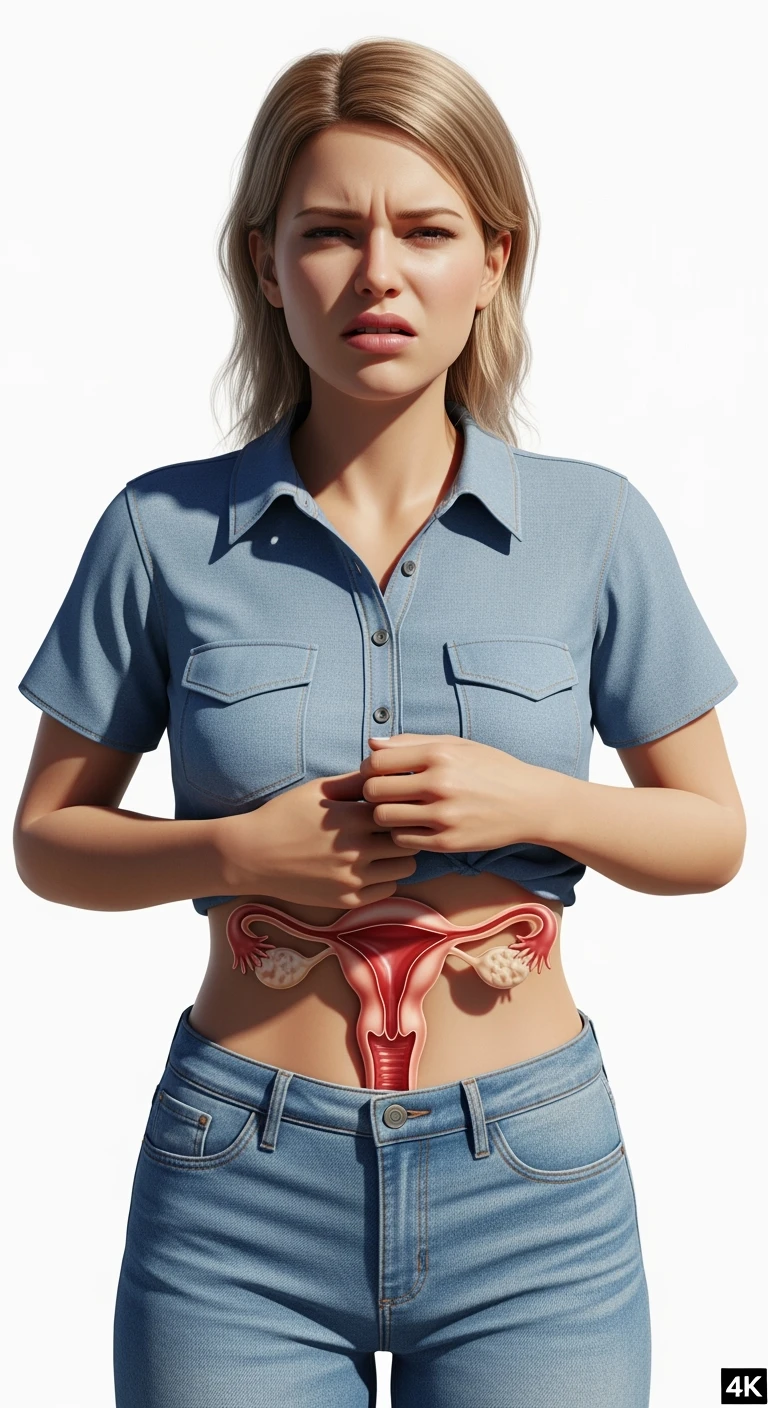 donna vestita casual realistico con utero umano anatomico in evidenza, dolore in volto, IPERREALISTICO 4K, sfondo bianco emoji