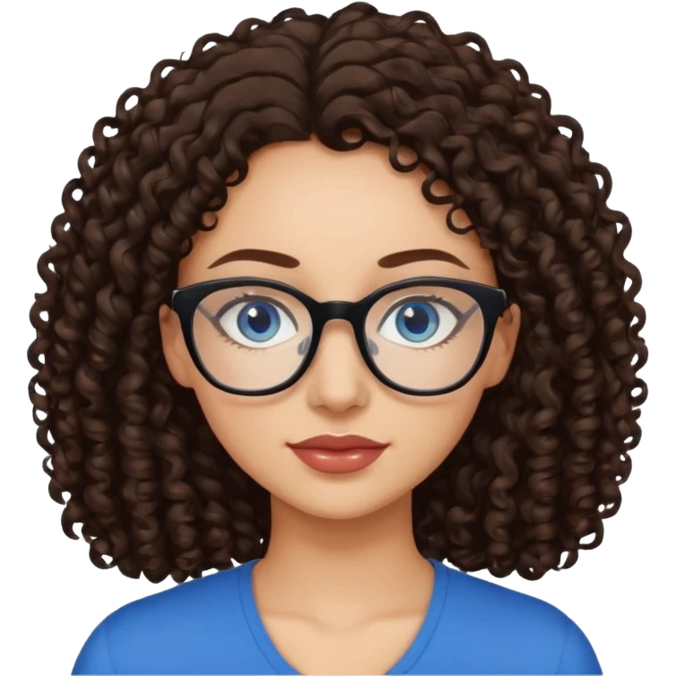 a woman, 30 years old, light skin with dark brown curly hair. eyeglasses. Black top. blue eyes. emoji